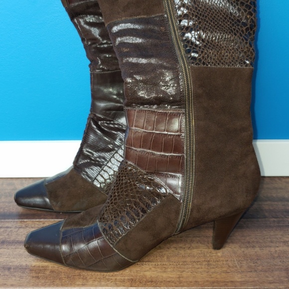 GUC Bandolino Brown Patchwork Knee High Heel Boots - Picture 2 of 8